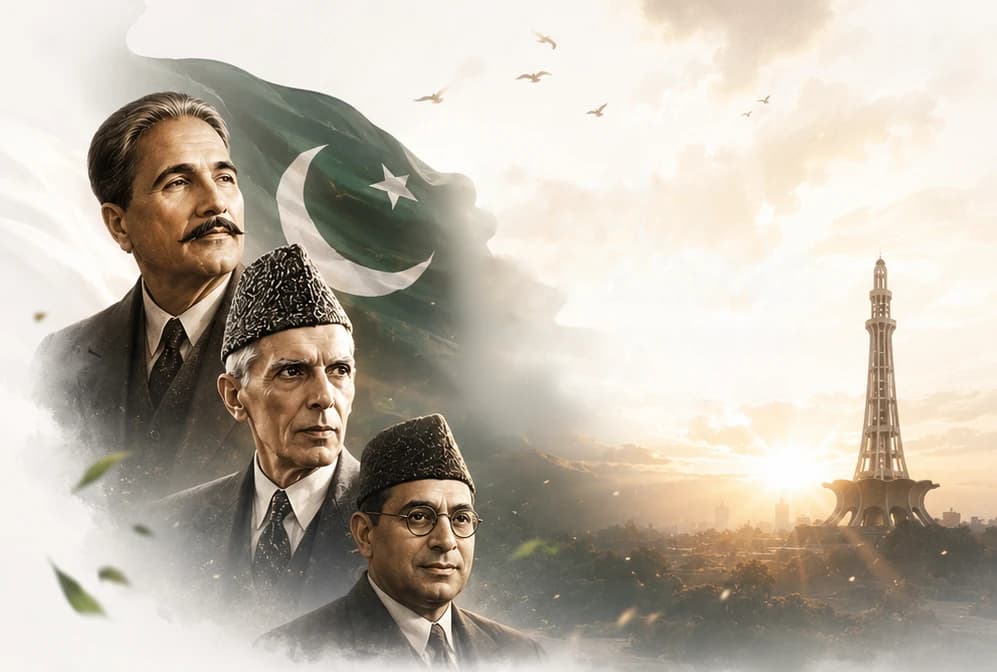 Allama Iqbal, Quaid-e-Azam Muhammad Ali Jinnah and Liaquat Ali Khan before the flag of Pakistan, with Minar-e-Pakistan at sunrise